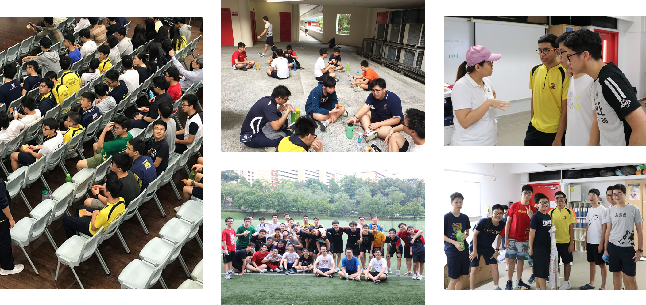 Five photos of school students in an auditorium, resting on a floor, talking, posing on a field, and standing indoors.